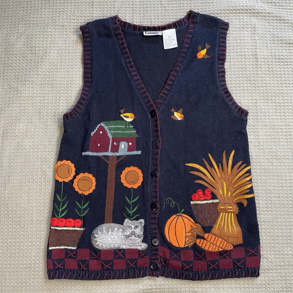 Capacity Fall Autumn Sweater Vest Cardigan Small Cat Pumpkin Thanksgiving